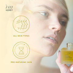 Hey Honey Clean Beauty formula in bottle underlines cruelty-free, dermatologist-approved care.