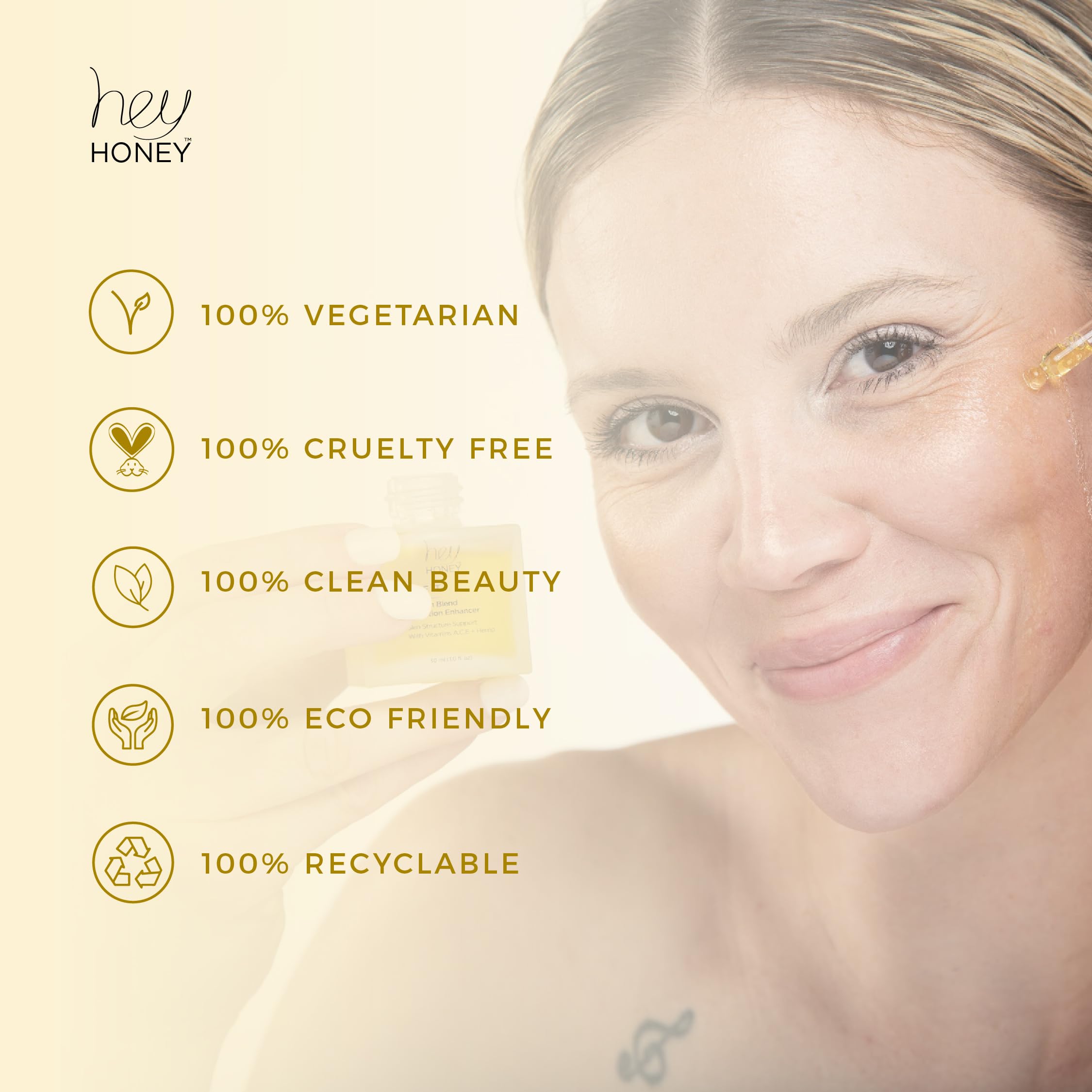 Hey Honey serum on surface shows dark spots fading for a more even complexion.