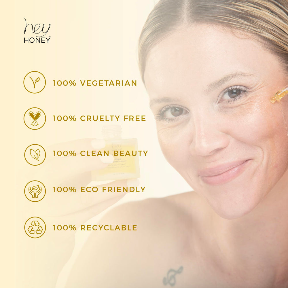 Hey Honey serum on surface shows dark spots fading for a more even complexion.