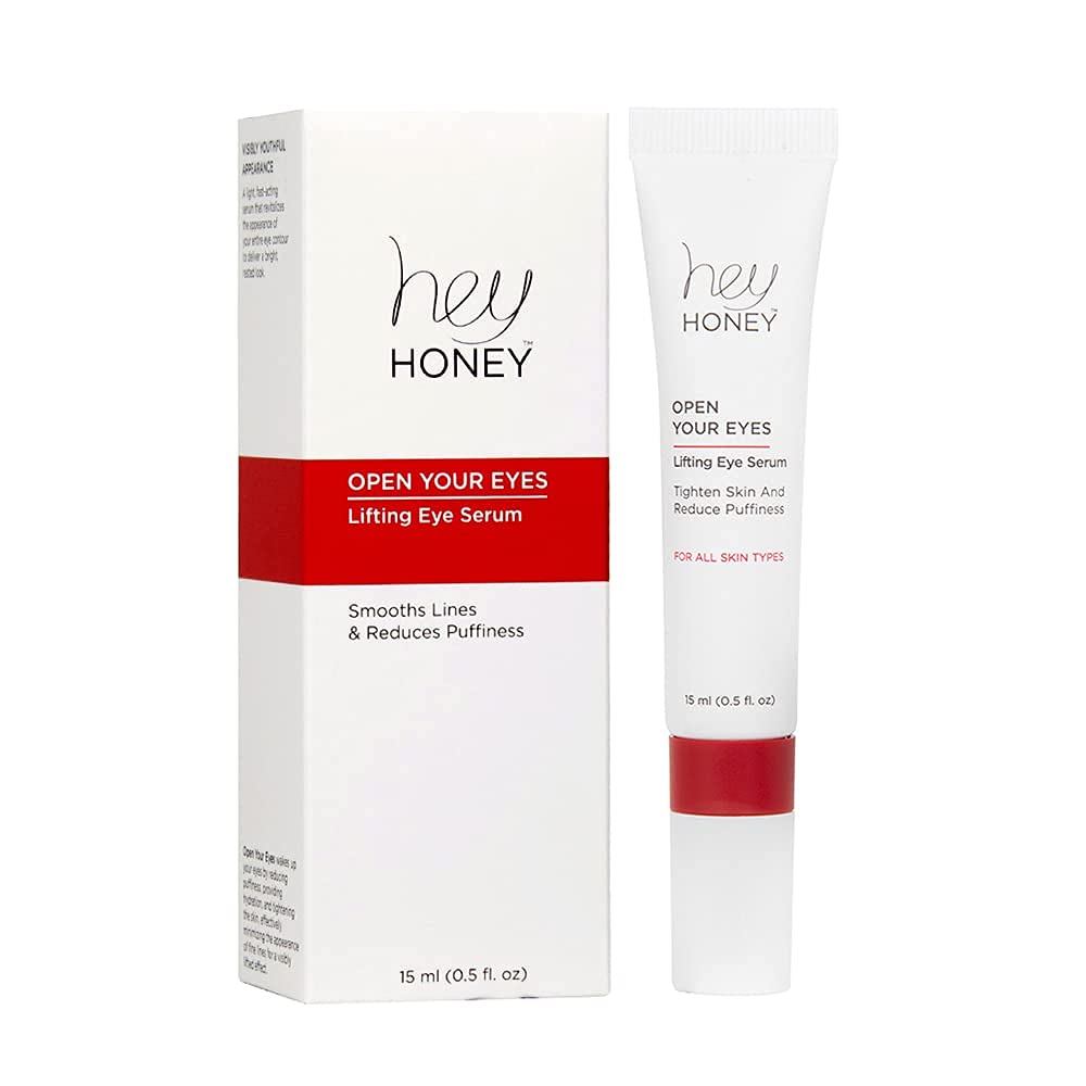 Hey Honey Open Your Eyes serum bottle shown for hydration and brightening the under eye area.