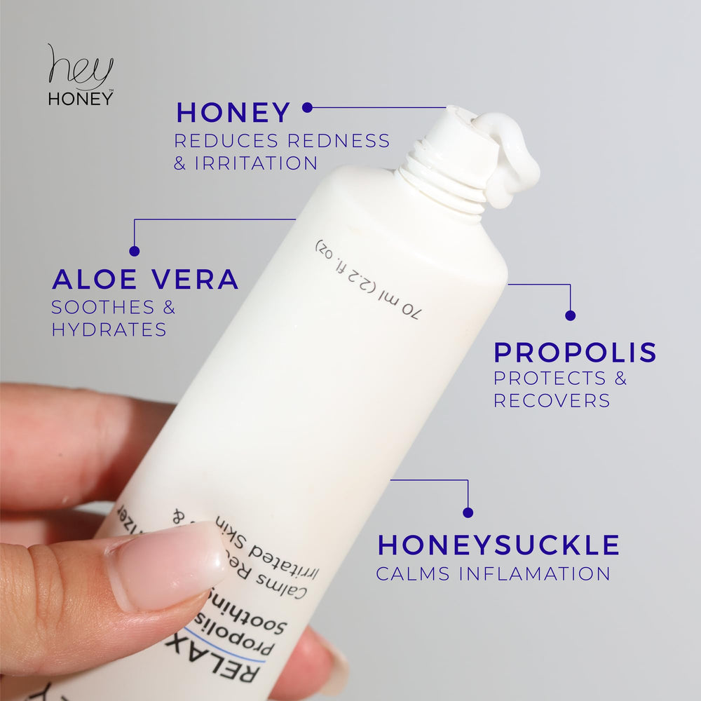 Hey Honey Relax aloe vera and honeysuckle detail suggests soothing care for irritated skin