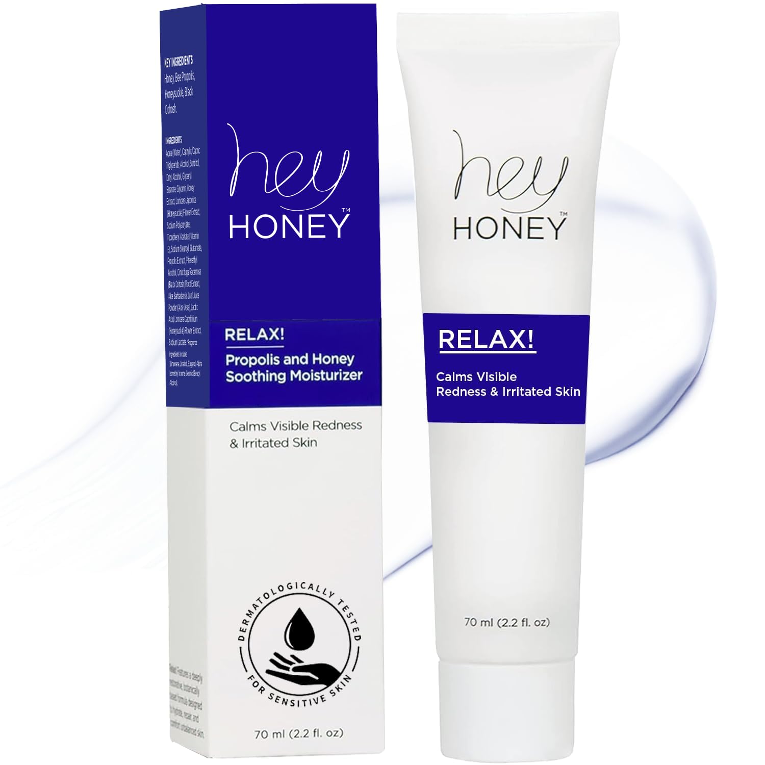 Hey Honey Relax bottle front showing instant redness relief for sensitive skin