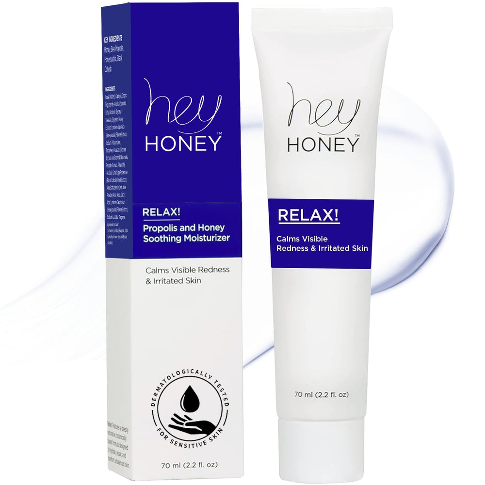 Hey Honey Relax bottle front showing instant redness relief for sensitive skin
