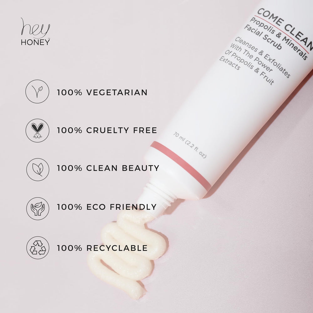 Hey Honey scrub application on finger shows easy facial exfoliation workflow