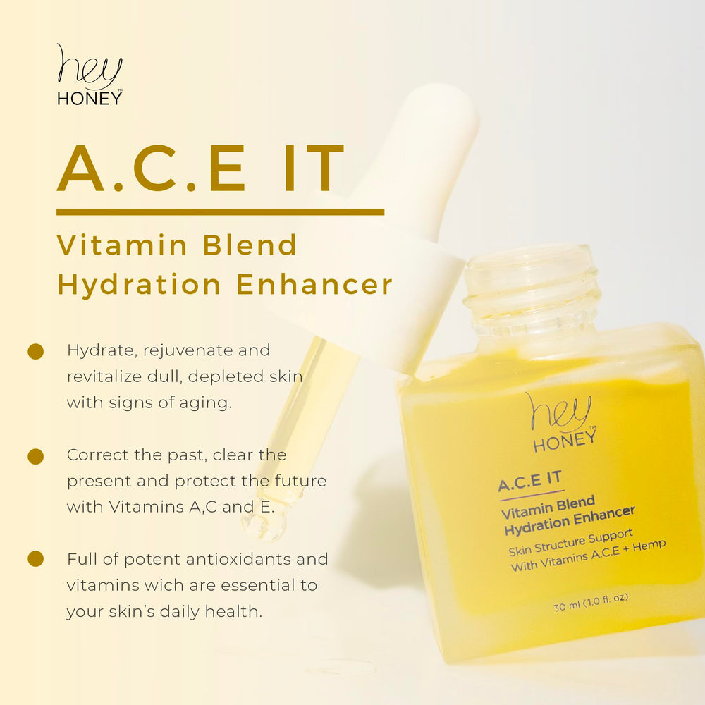 Hey Honey serum drops demonstrate fast-absorbing texture for day and night use.