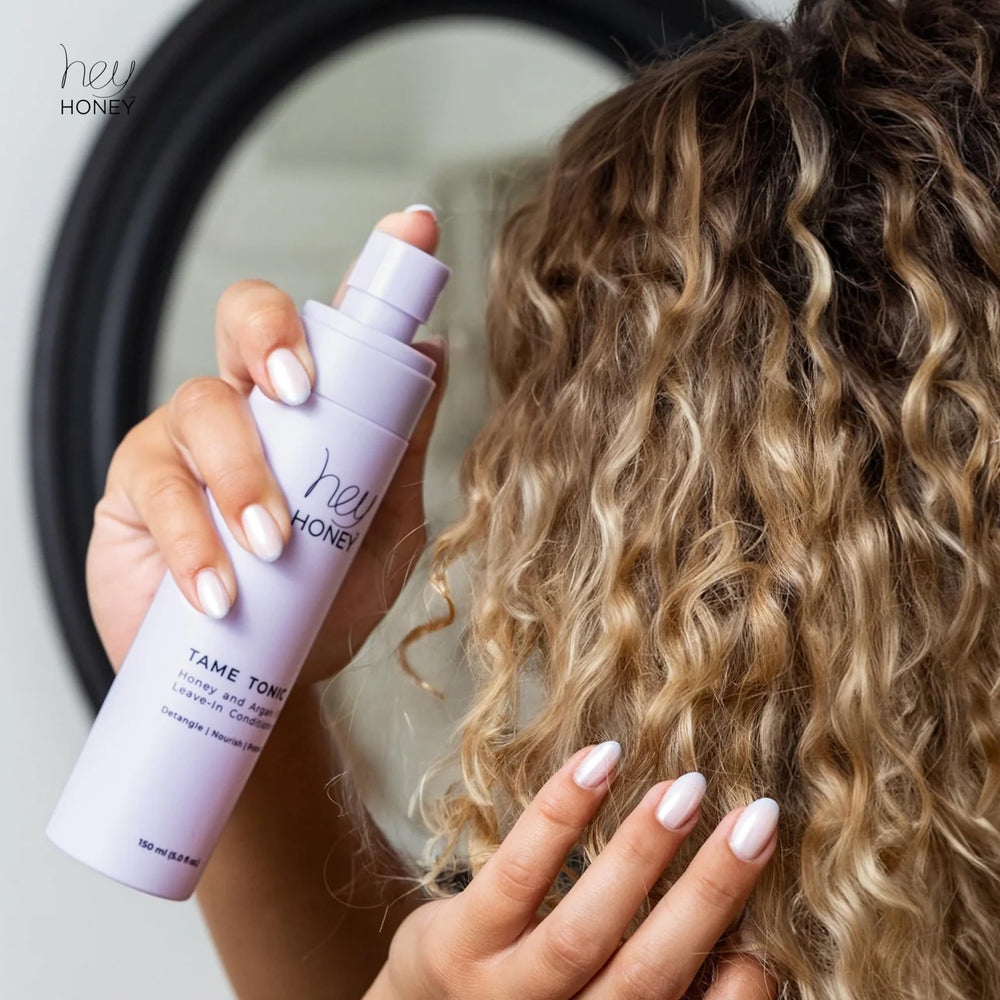 Hey Honey Tame Tonic color-treated-friendly care boosts shine without buildup.