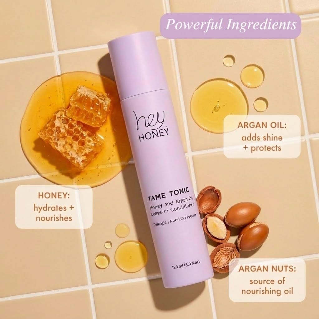Hey Honey Tame Tonic frizz-control hero shot promotes smoother hair in humid weather.