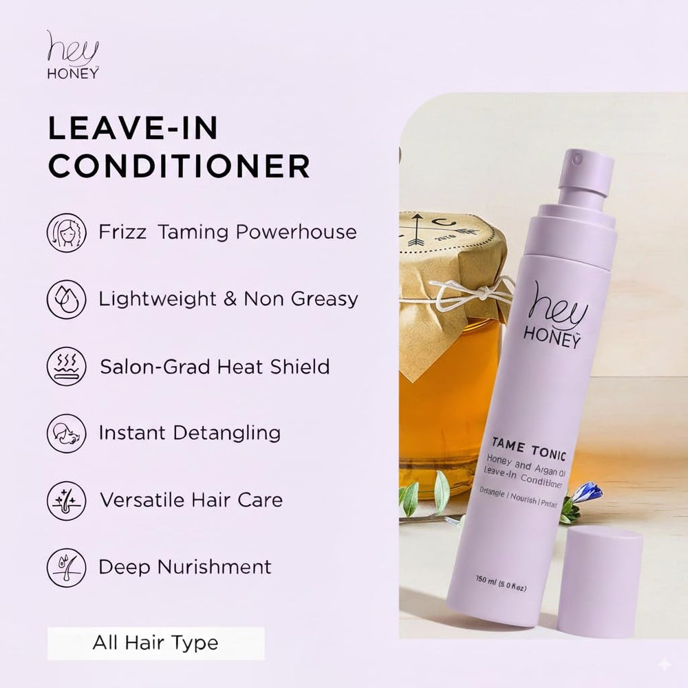 Hey Honey Tame Tonic keratin and bee propolis support stronger-feeling hair.