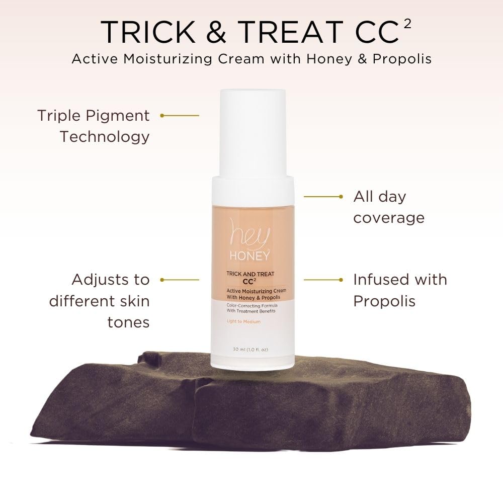 Hey Honey Trick and Treat CC² Cream swatch demonstrates self-adjusting pigments for seamless color correction.