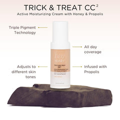 Hey Honey Trick and Treat CC² Cream swatch demonstrates self-adjusting pigments for seamless color correction.