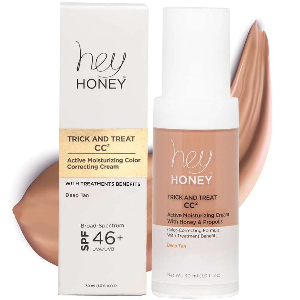 Hey Honey Trick and Treat CC² Cream tube closeup showing shade-matching hydration for even skin tone.