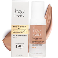 Hey Honey Trick and Treat CC² Cream tube closeup showing shade-matching hydration for even skin tone.