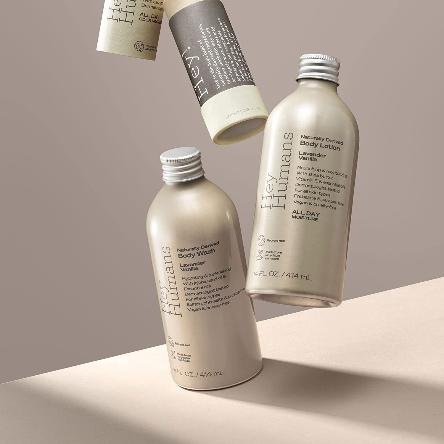 Hey Humans aluminum packaging highlights sustainable, recyclable design.