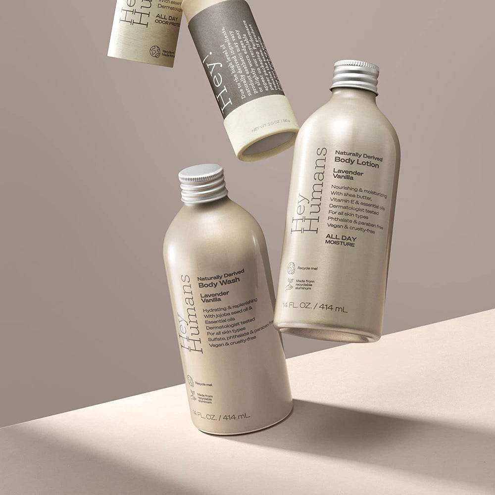 Hey Humans aluminum packaging highlights sustainable, recyclable design.
