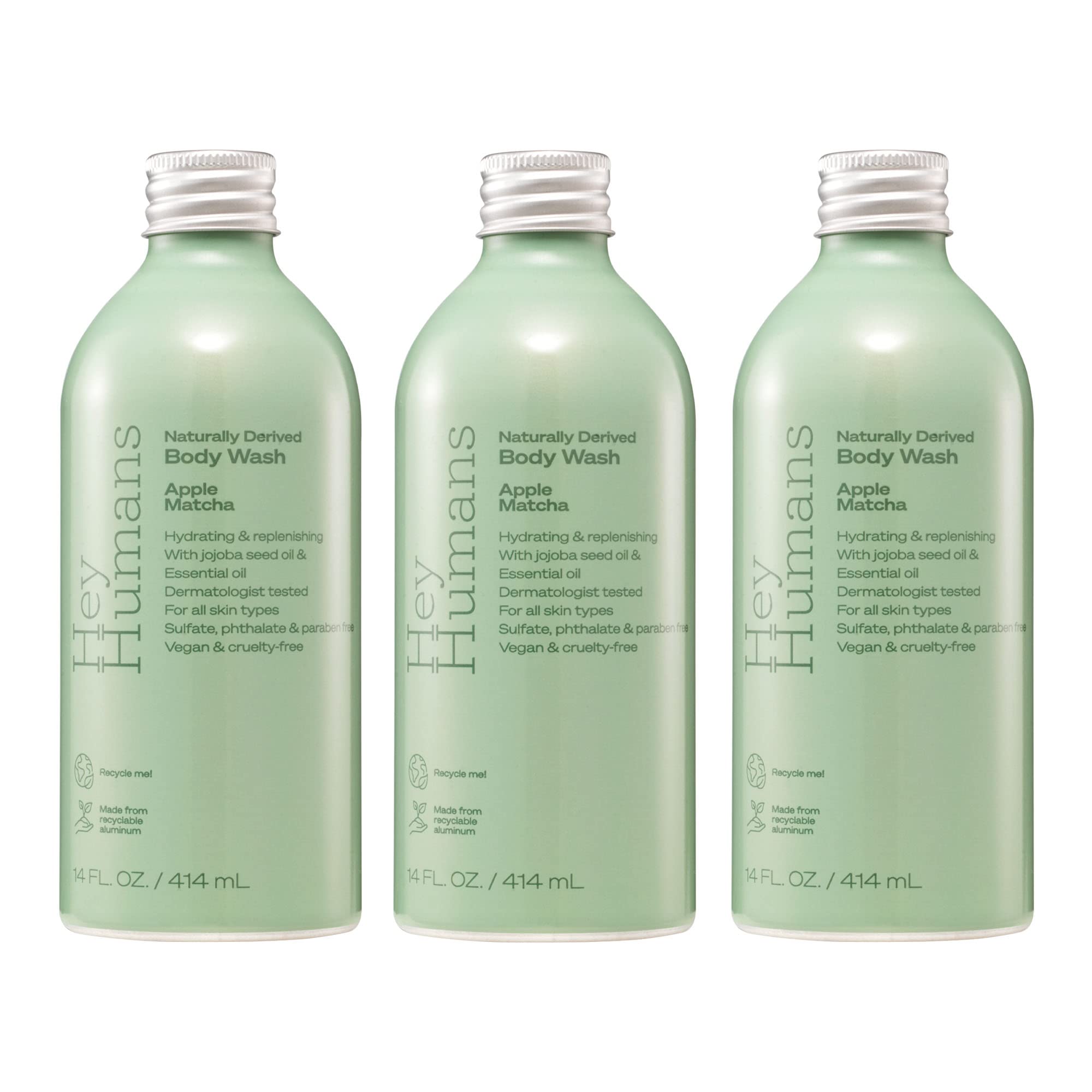 HEY HUMANS Apple Matcha bottle front shows vegan formula for refreshing cleansing