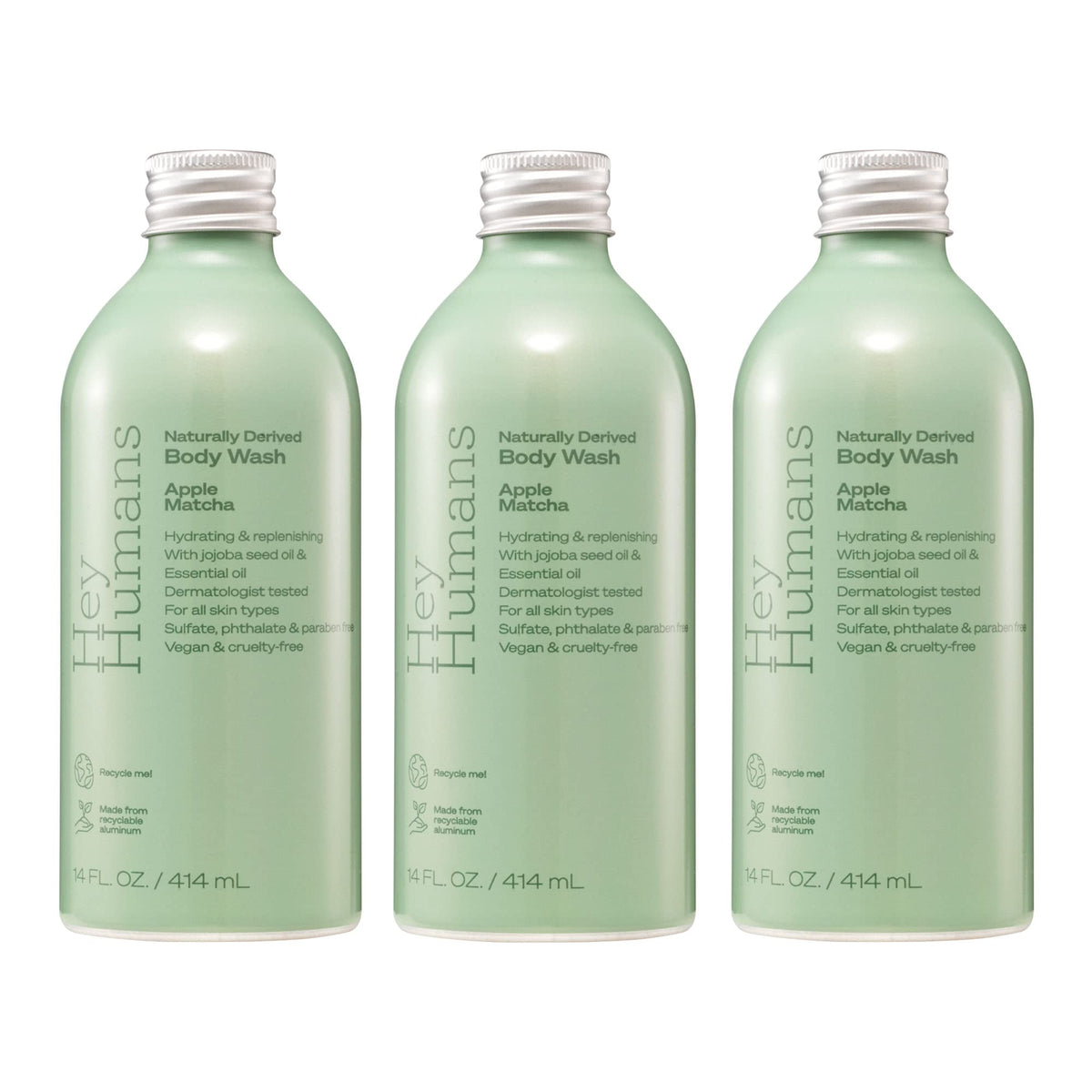 HEY HUMANS Apple Matcha bottle front shows vegan formula for refreshing cleansing