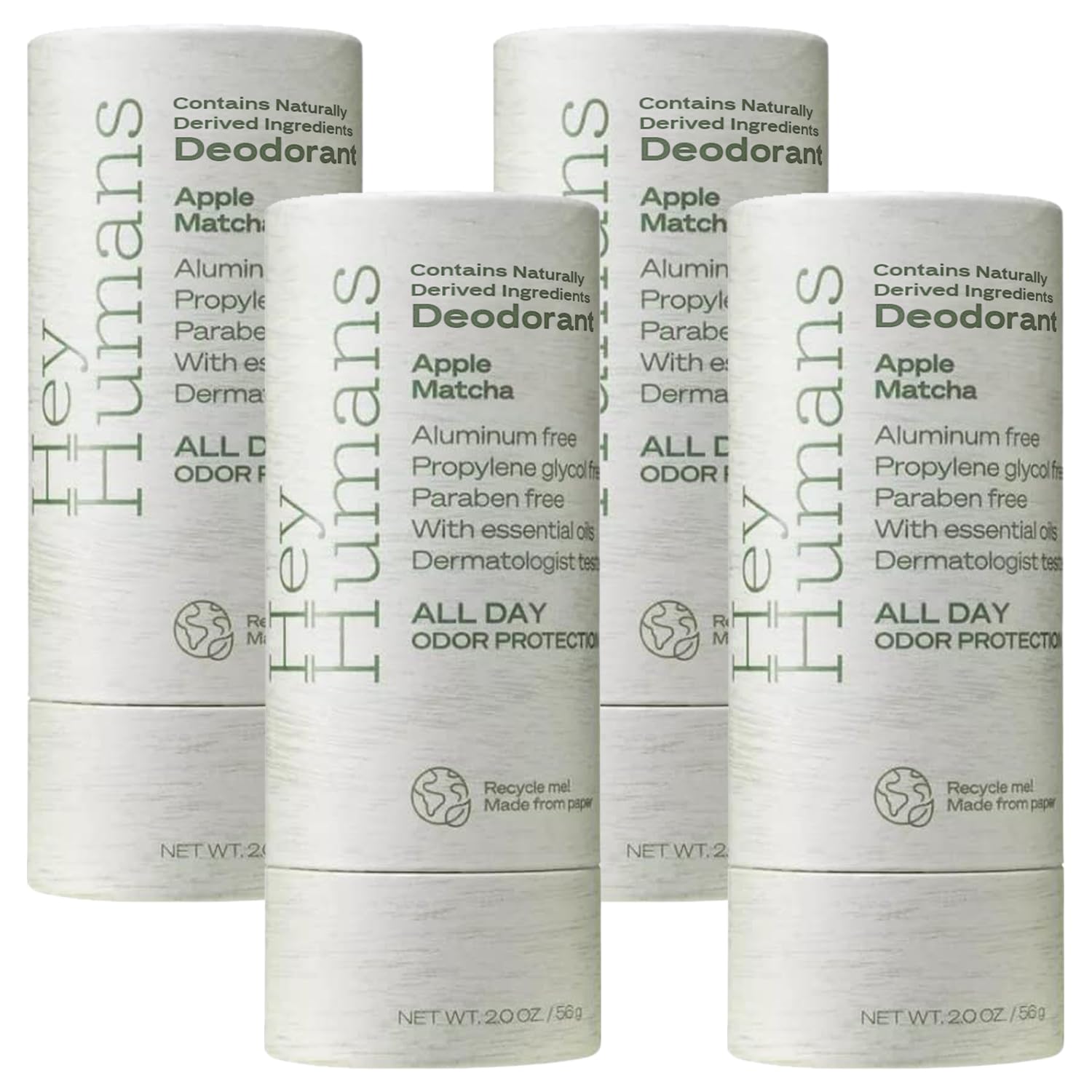 Hey Humans Apple Matcha deodorant bottle shows refreshing scent and aluminum-free design for all-day odor control.
