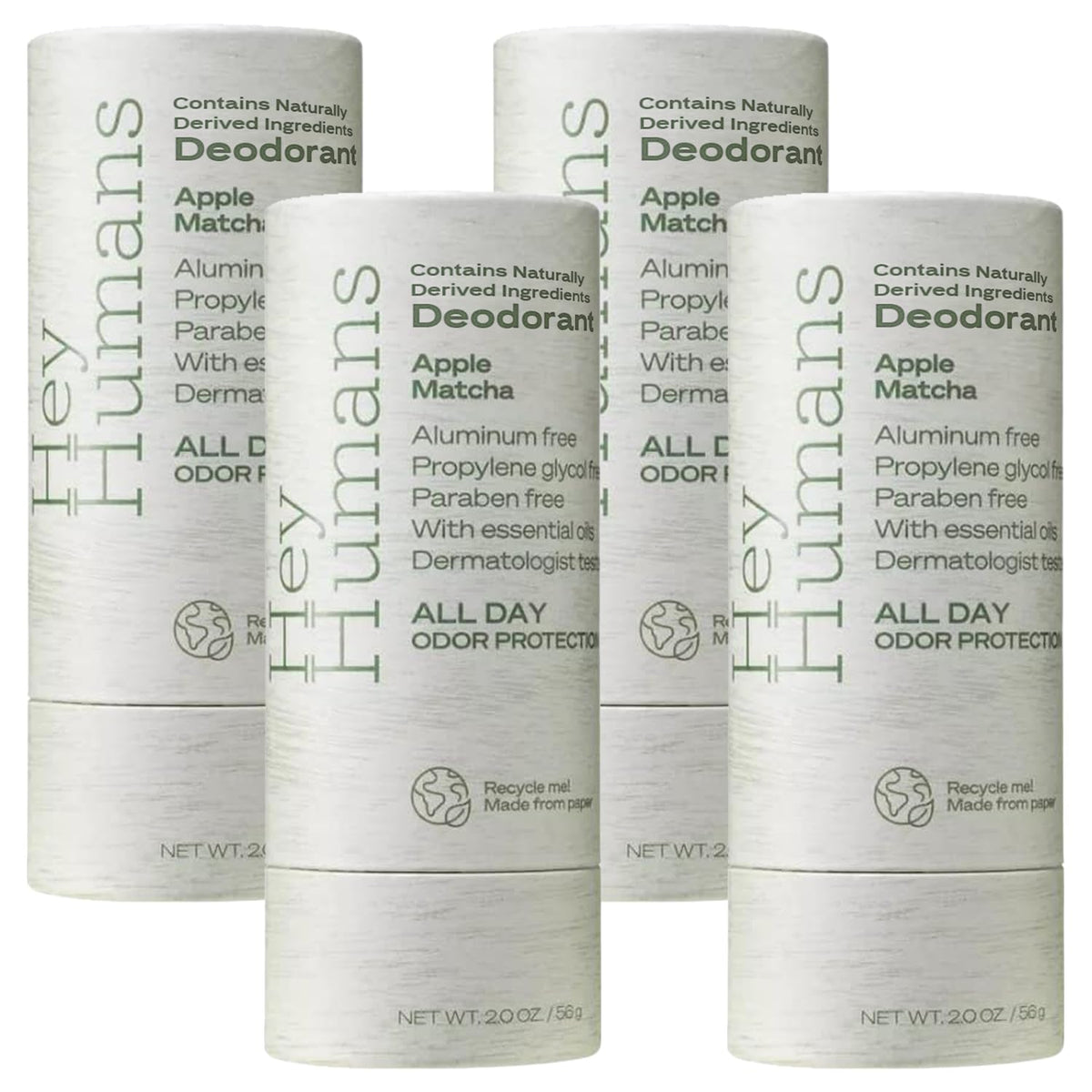 Hey Humans Apple Matcha deodorant bottle shows refreshing scent and aluminum-free design for all-day odor control.