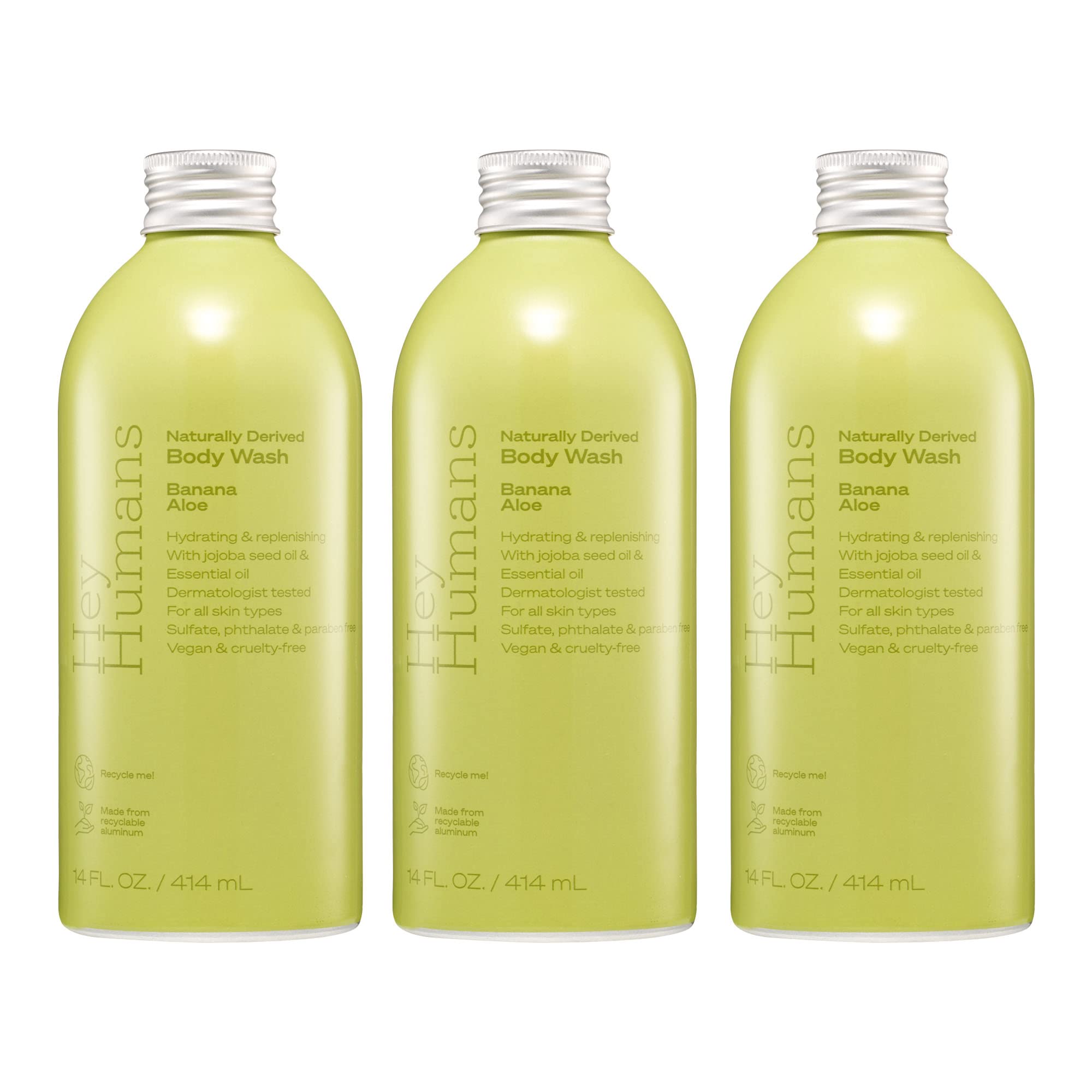 Hey Humans Banana Aloe Body Wash bottle shows refreshing plant-based cleanse for all skin types.