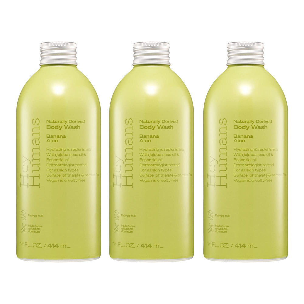 Hey Humans Banana Aloe Body Wash bottle shows refreshing plant-based cleanse for all skin types.