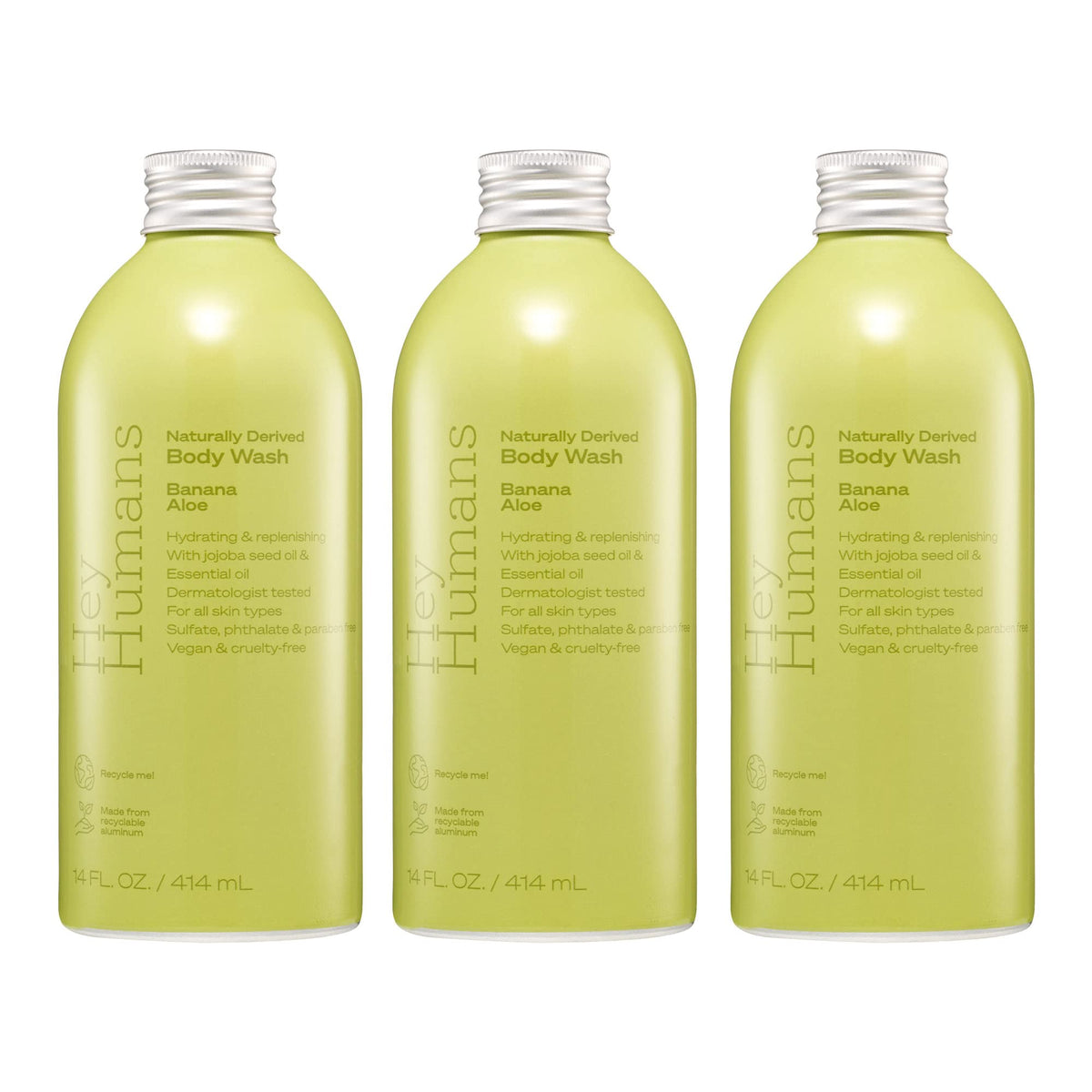Hey Humans Banana Aloe Body Wash bottle shows refreshing plant-based cleanse for all skin types.