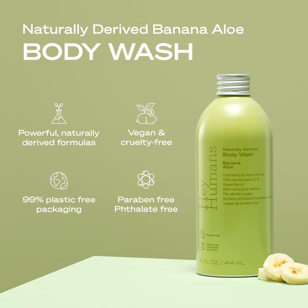 Hey Humans Banana Aloe Body Wash pump for quick, convenient shower lather.