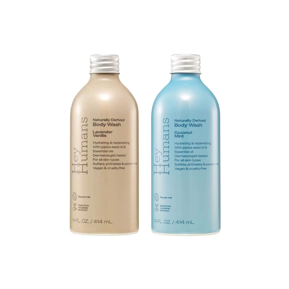 Hey Humans body wash coconut mint bottle shows a refreshing vegan formula for all skin types.