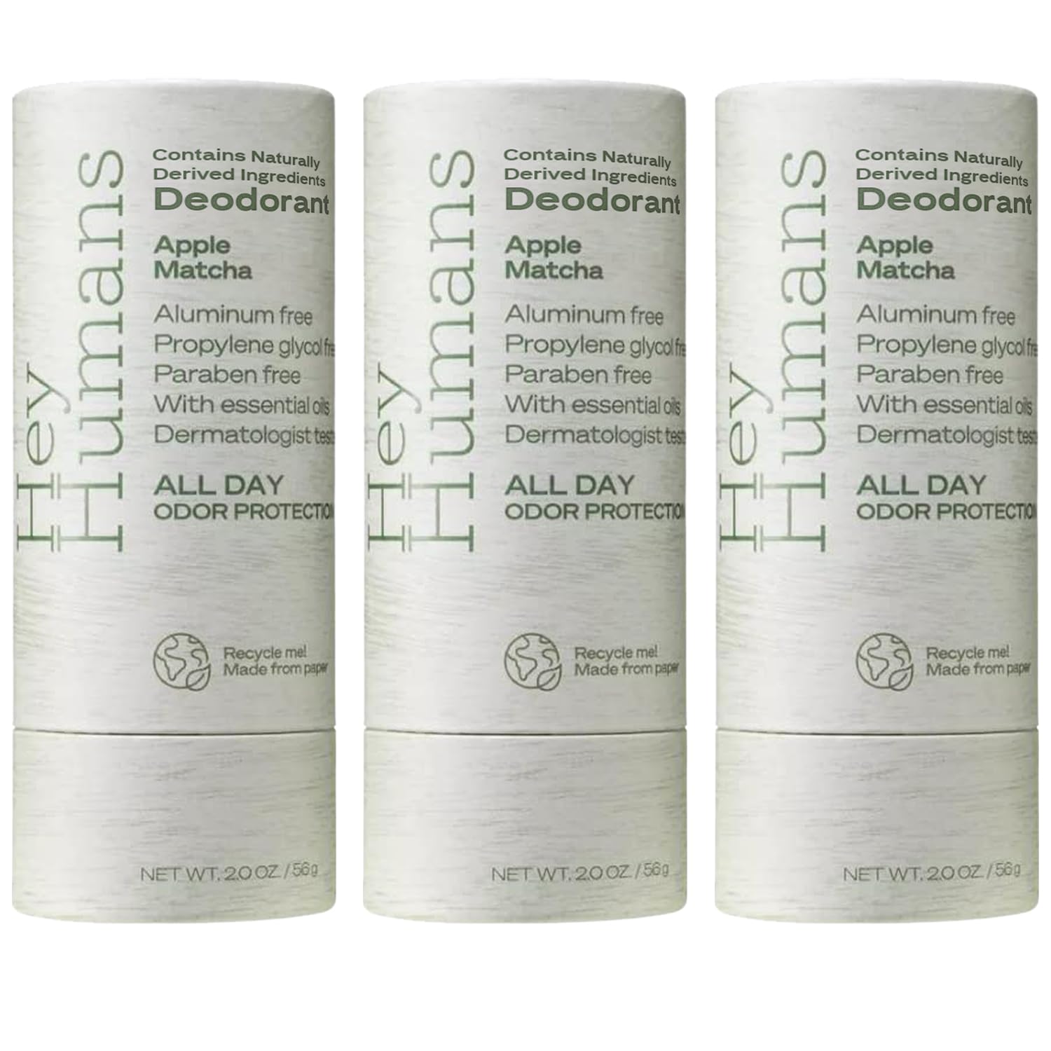 Hey Humans Apple Matcha deodorant bottle highlights aluminum-free protection.