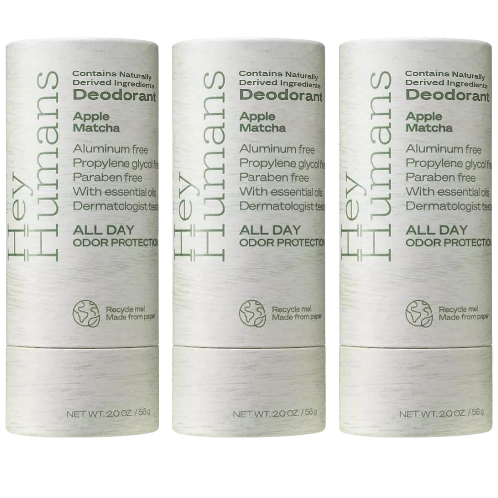 Hey Humans Apple Matcha deodorant bottle highlights aluminum-free protection.