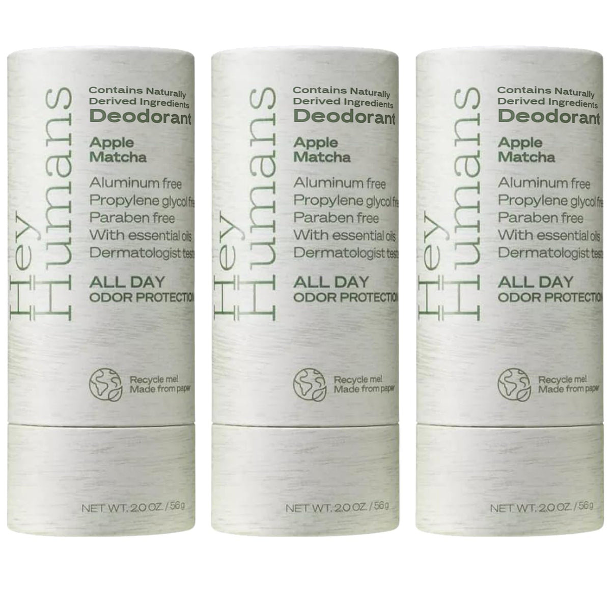 Hey Humans Apple Matcha deodorant bottle highlights aluminum-free protection.
