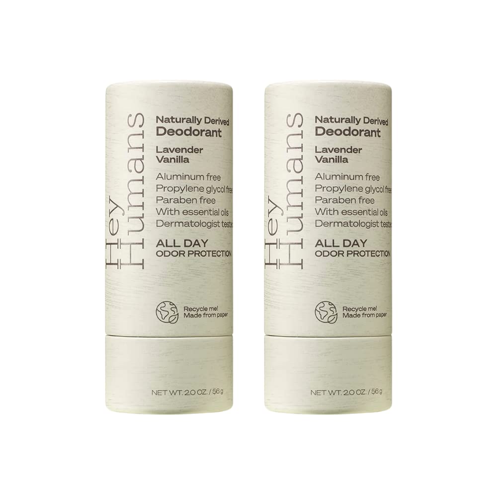 Hey Humans Lavender Vanilla deodorant bottle showing a soothing, all-day odor control