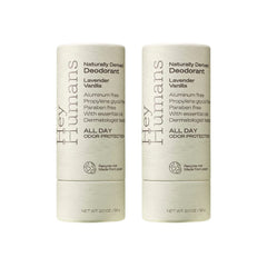 Hey Humans Lavender Vanilla deodorant bottle showing a soothing, all-day odor control