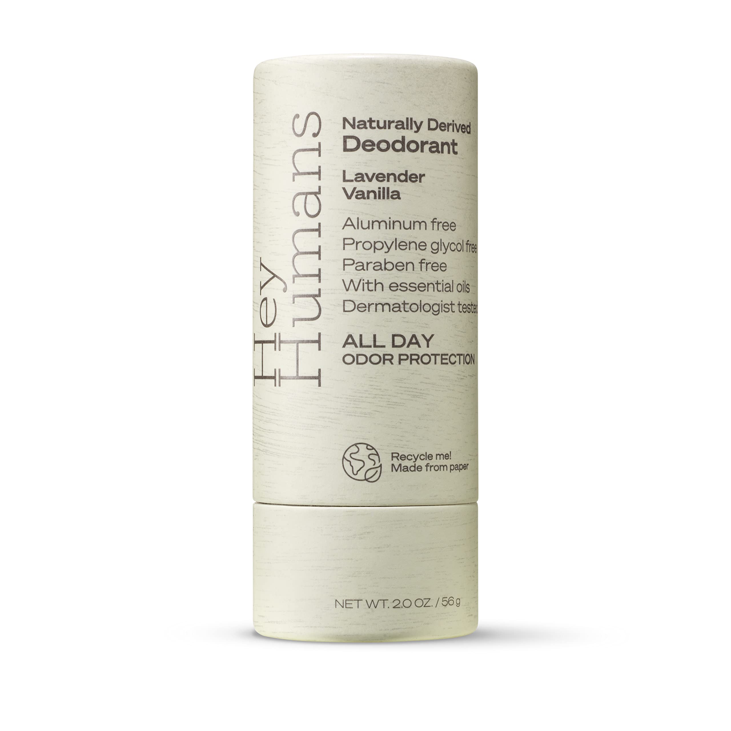 Hey Humans packaging highlighting recyclable paper packaging and aluminum-free formula