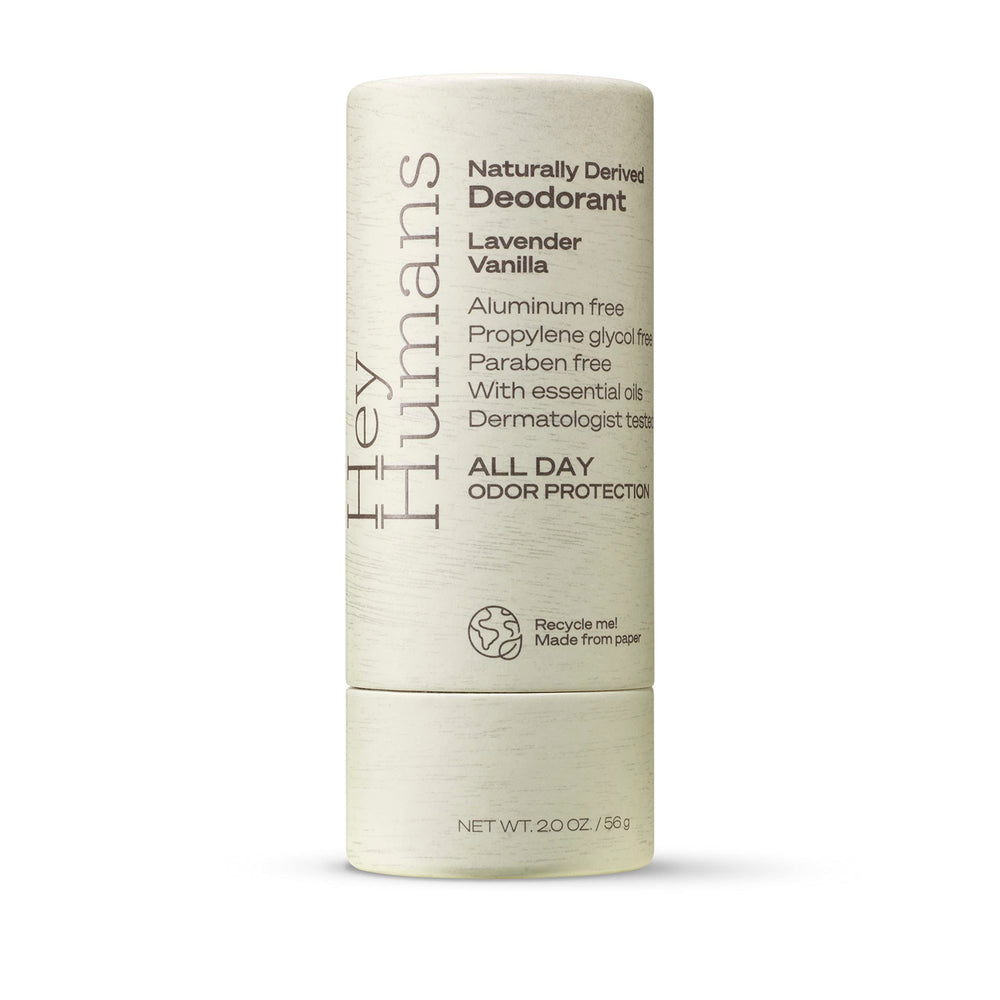 Hey Humans packaging highlighting recyclable paper packaging and aluminum-free formula