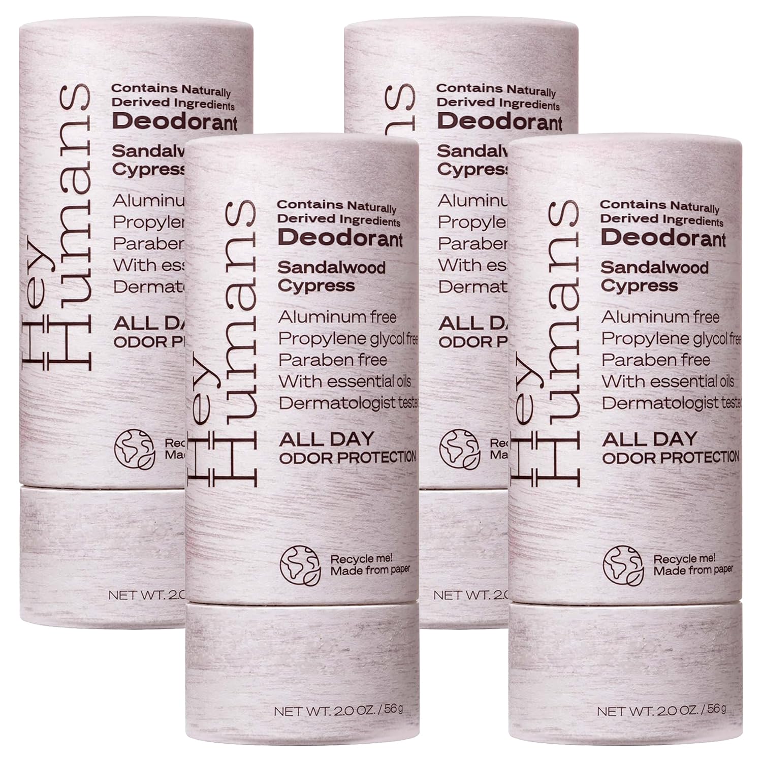 Hey Humans deodorant packaging in recyclable paper supports sustainable personal care.