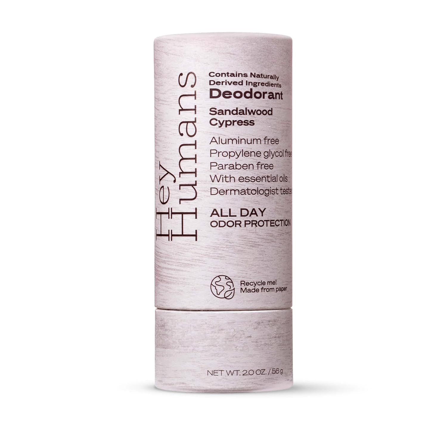 Hey Humans deodorant bottle with sandalwood aroma for all-day freshness.