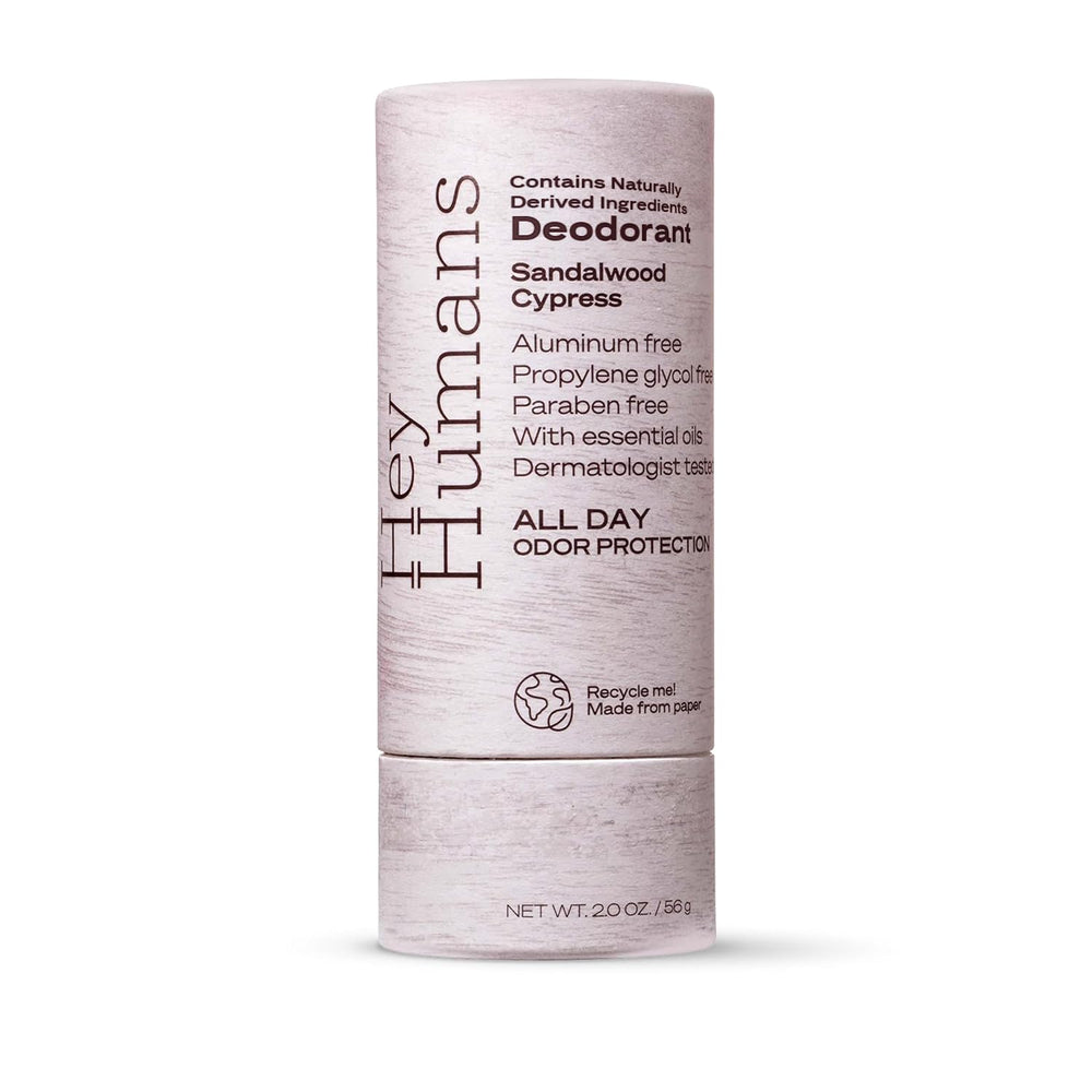 Hey Humans deodorant bottle with sandalwood aroma for all-day freshness.