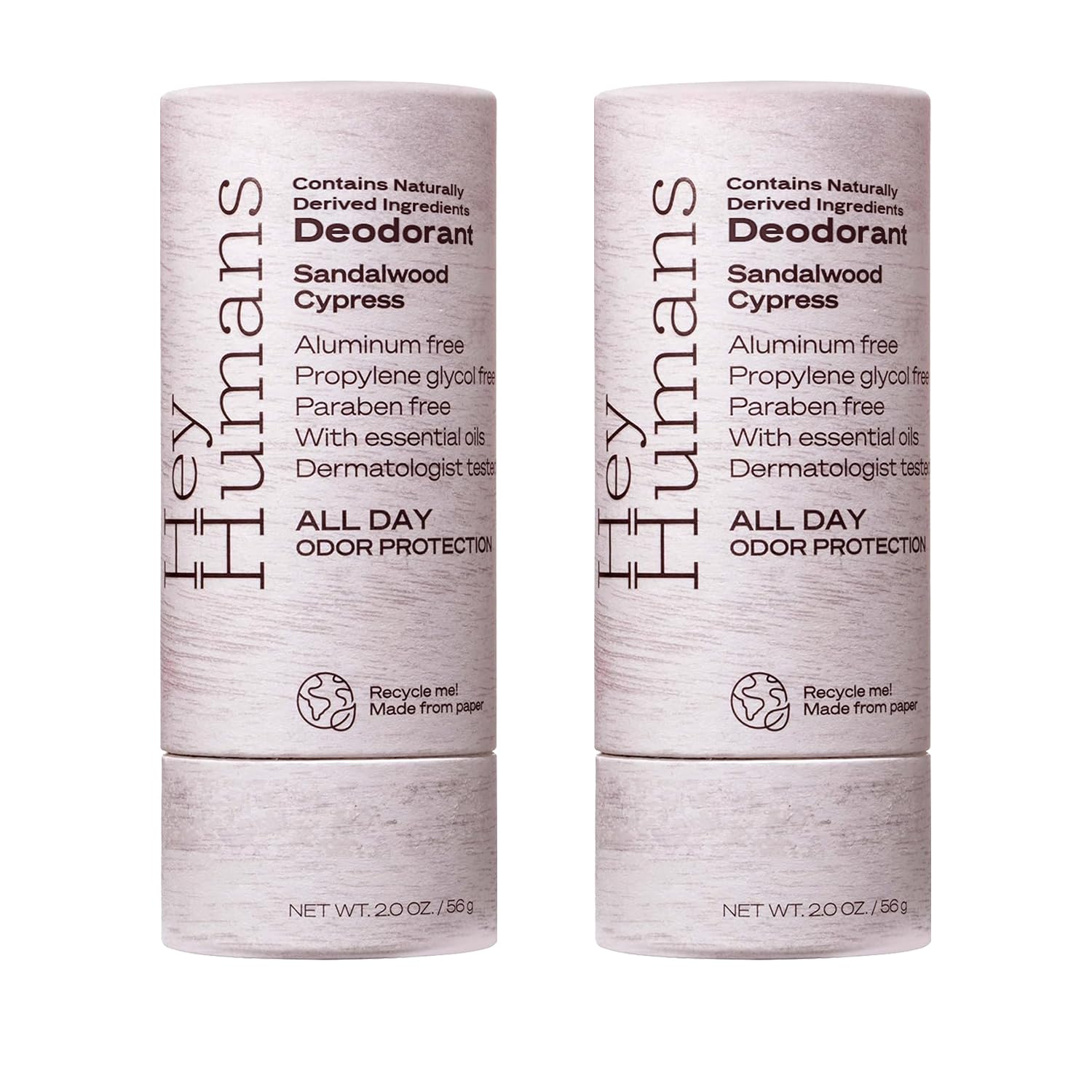 Hey Humans deodorant bottle with sandalwood and cypress scent for all-day freshness.