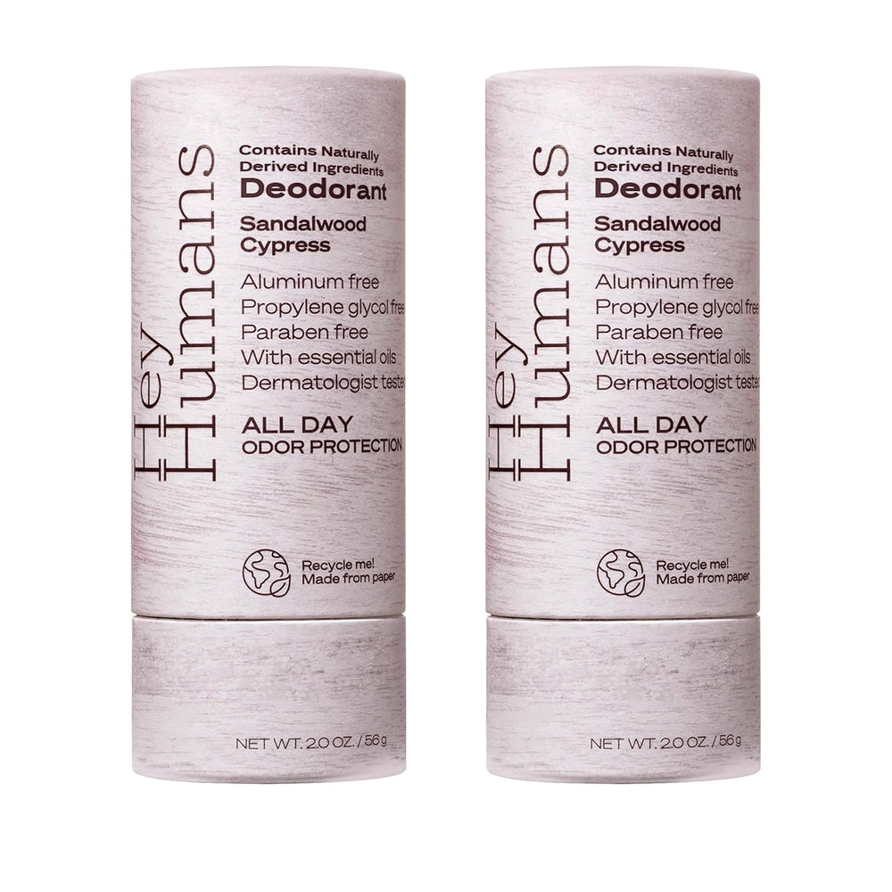 Hey Humans deodorant bottle with sandalwood and cypress scent for all-day freshness.