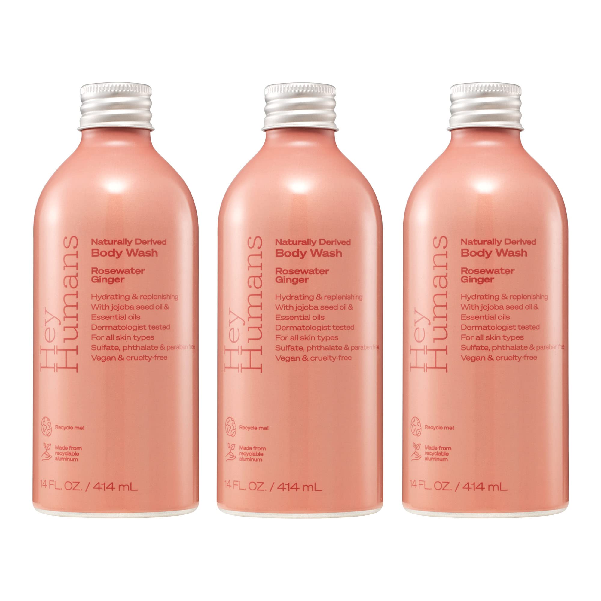 Hey Humans Rosewater Ginger body wash bottle with a clean, vegan formula on display