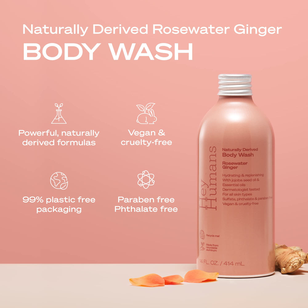 Close-up of Hey Humans Rosewater Ginger label showing natural ingredients