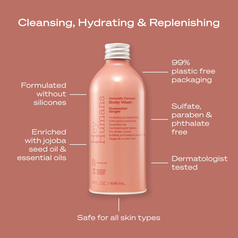 Hey Humans pump dispenser for easy, mess-free use of Rosewater Ginger wash