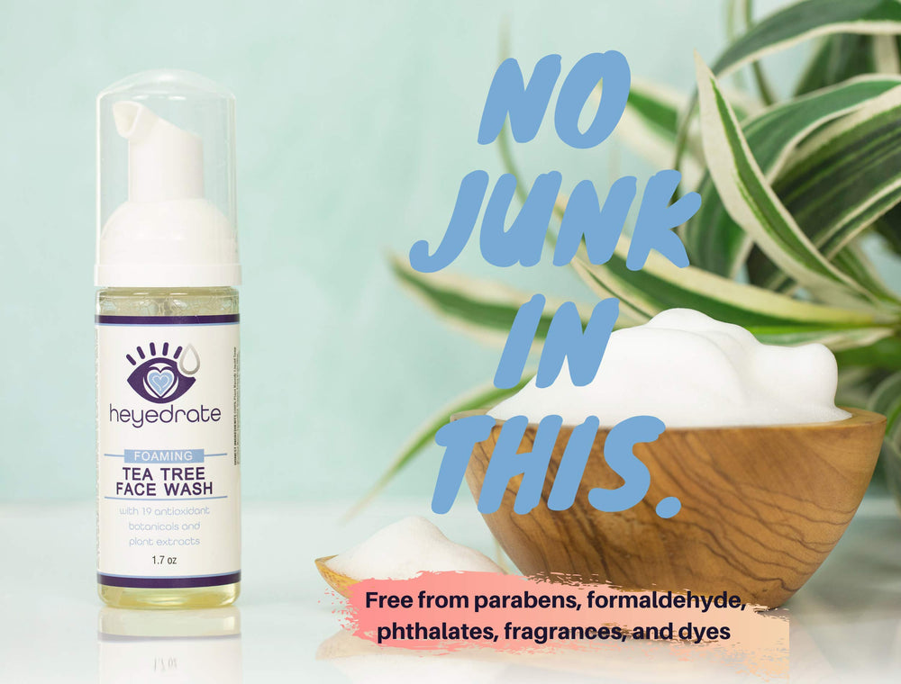 Heyedrate botanicals and essential oils image highlighting tea tree and aloe benefits.