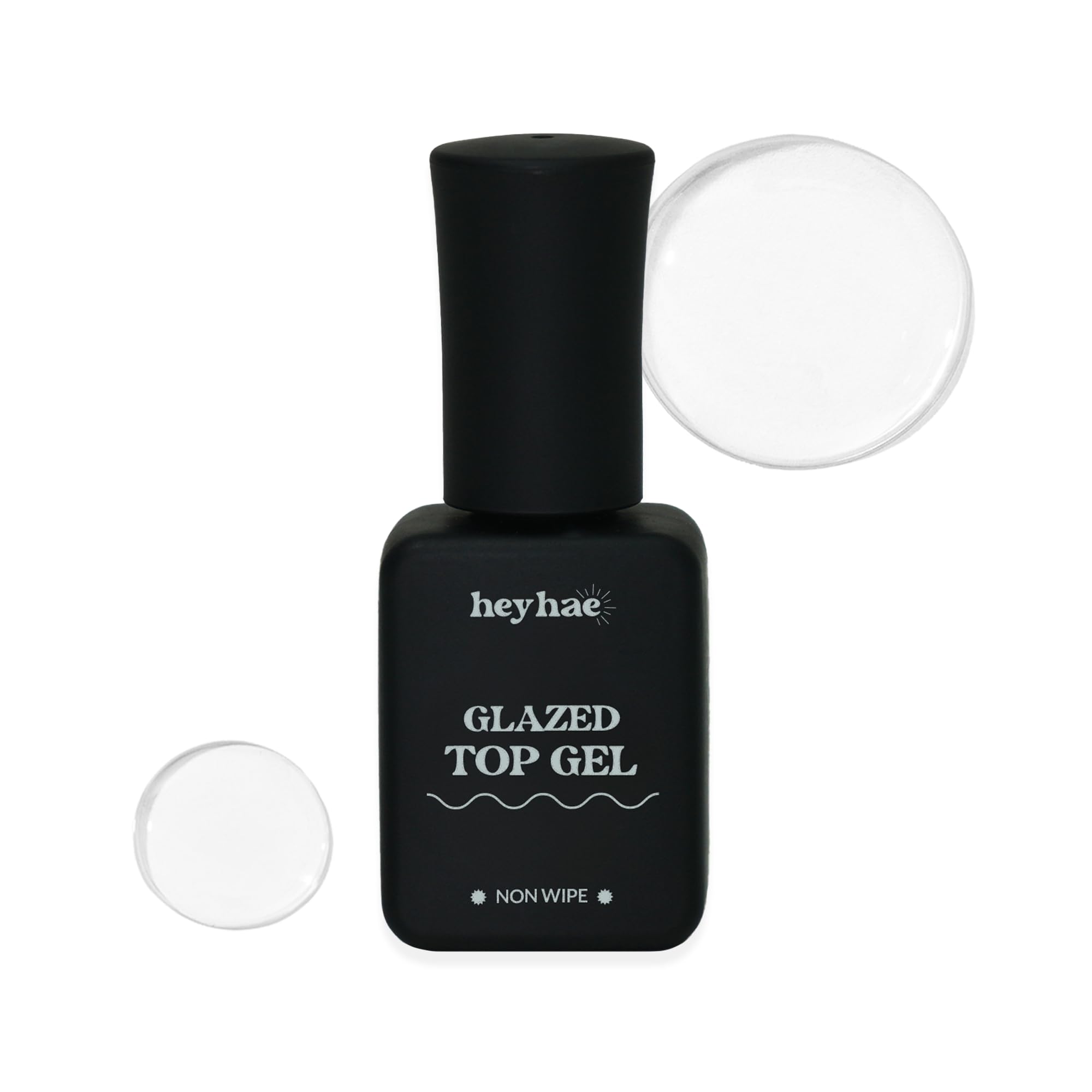 Heyhae Glazed Top Gel bottle close-up for fast, glossy nail finishes.