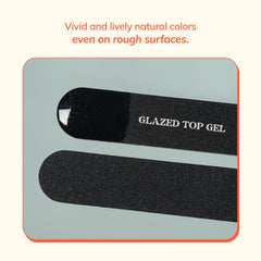 Heyhae Glazed Top Gel under LED light shows bright sparkle and quick dry.