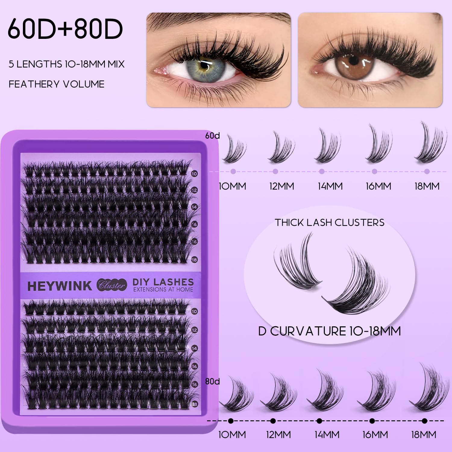 HEYWINK Lash Clusters with 10-18mm lengths for thick and wispy styles