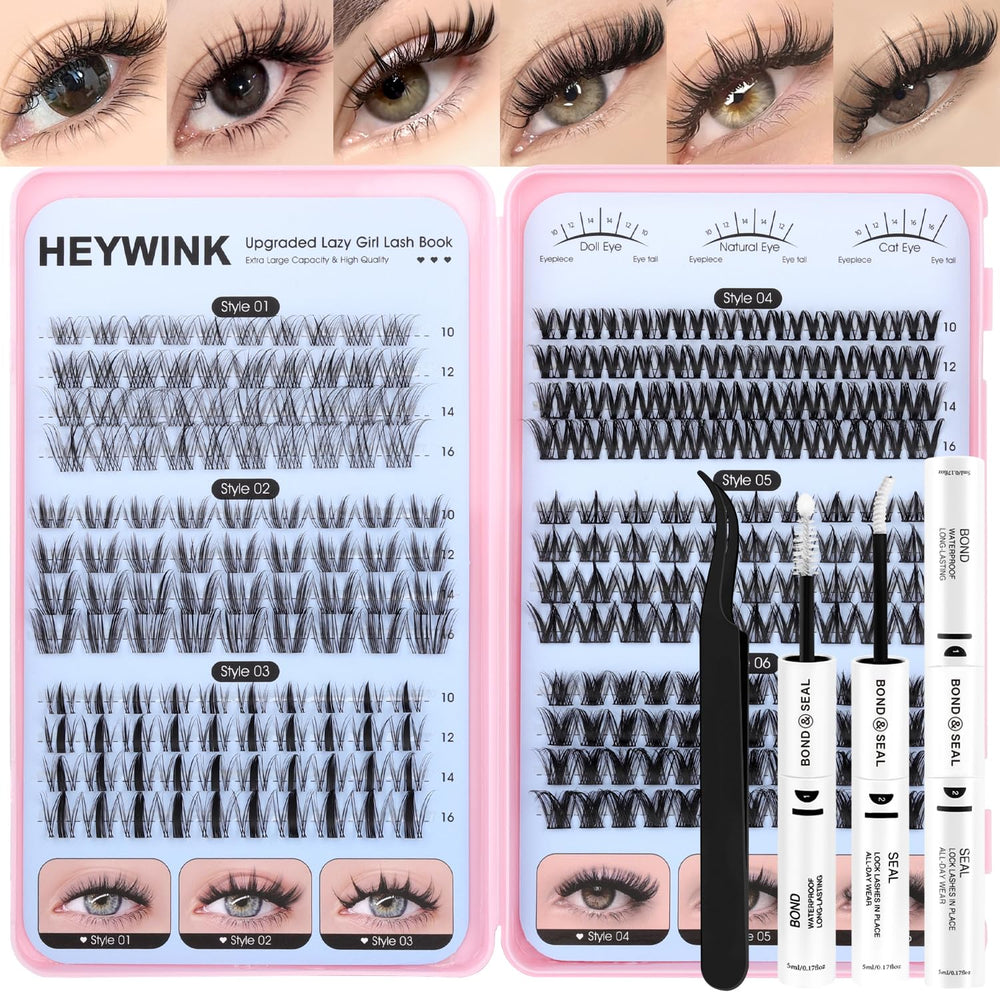 HeyWink Lash Clusters Kit with six styles for versatile DIY looks.