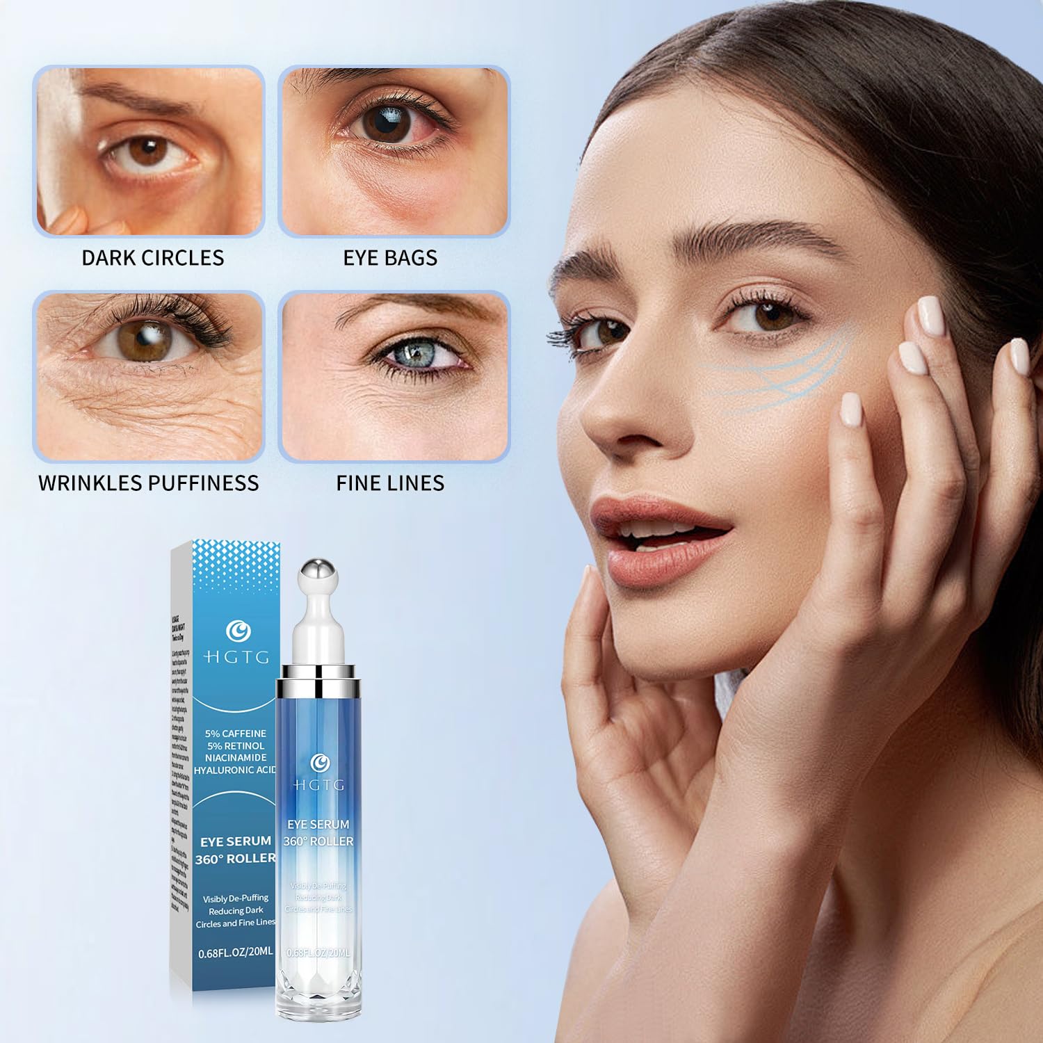 HGTG Eye Serum retinol rollerball application promotes firmer under-eye area
