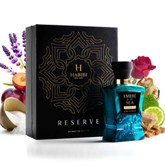 H HABIBI Ambre Of The Sea bottle front view, unisex fragrance for day and night.