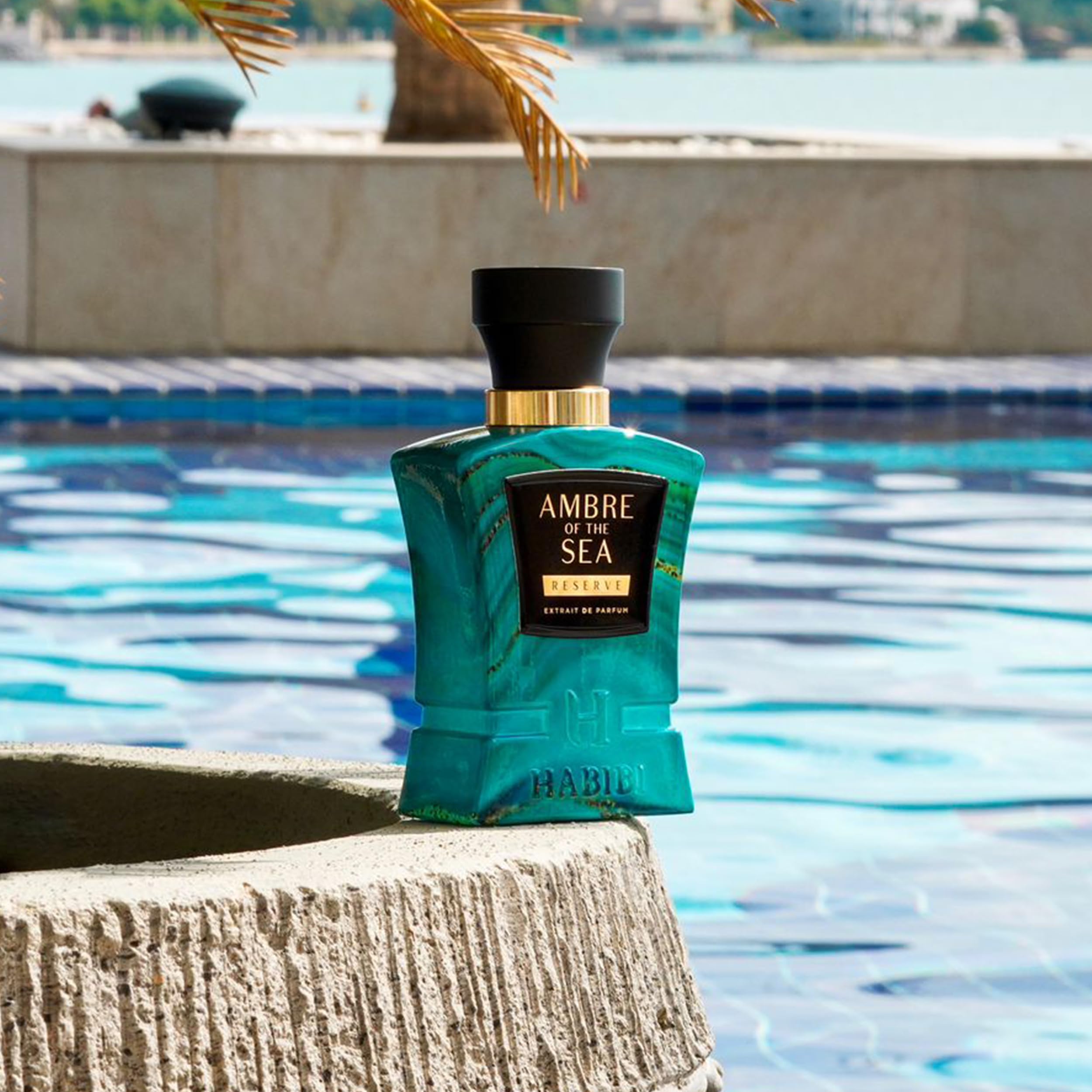 H HABIBI Ambre Of The Sea bottle on vanity, elegant daily wear presentation.